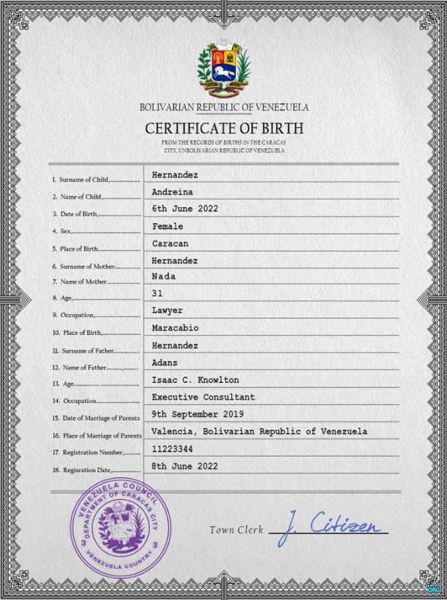 Download Venezuela birth certificate Photoshop template